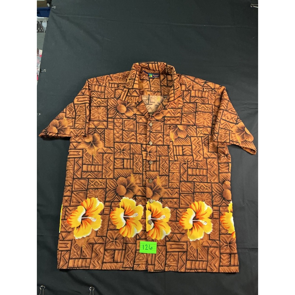 Mens Hawaiian Shirt Brown Tribal Print Hibiscus Floral Button Down XL